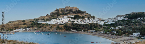 scenic Lindos bay, Rhodes island. Greece, panorama, banner