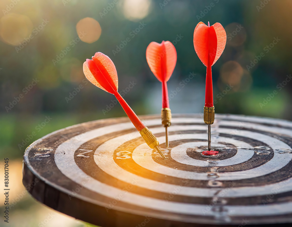 Dart arrow hit the center of dartboard with bokeh lights, business target concept Dart arrow hit the center of dartboard with bokeh lights, business target concept