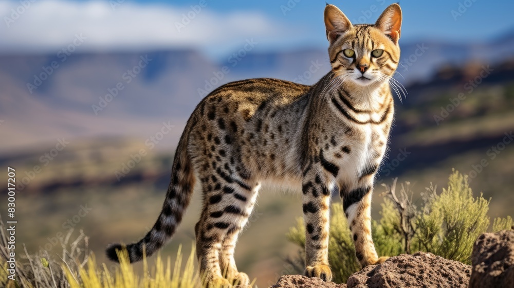 Obraz premium Majestic Savannah Cat on Rocky Outcrop in Wild Savannah Landscape
