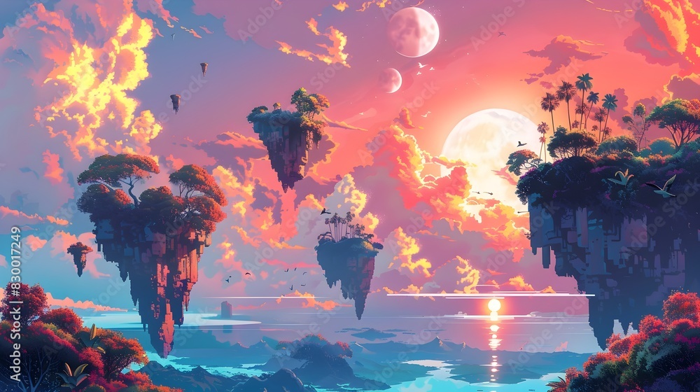 Obraz premium Mesmerizing Floating Dreamscape with Vibrant Sunset and Celestial Elements
