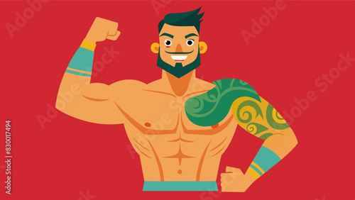 A slim man with a tattooed body proudly displaying his inked skin while flexing his biceps.. Vector illustration