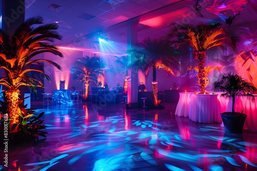 Neon Tropical Paradise Nightscape with Glowing Palms and Surreal Pool Reflection