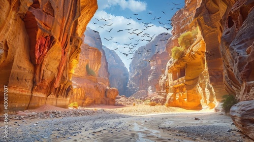 A photo of a hidden canyon with colorful rock formations, a clear sky with soaring birds and ancient carving photo