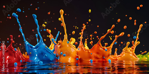 A colourful splash of paint is shown on a black background.