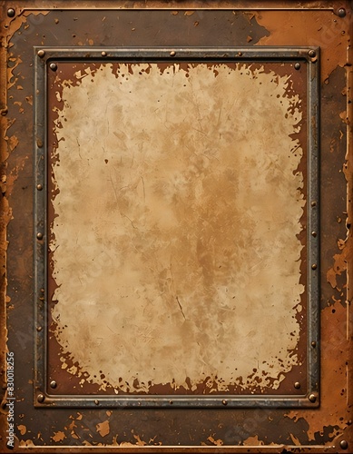 rusty, weathered, metal panel with damaged paint, blank, industrial, grunge, steampunk frame border