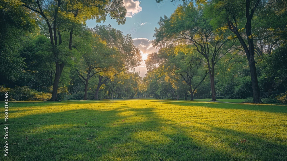 Park view with long tree shadows on a summer evening. Blue sky with clouds Park view with long tree shadows on a summer evening. Blue sky with clouds