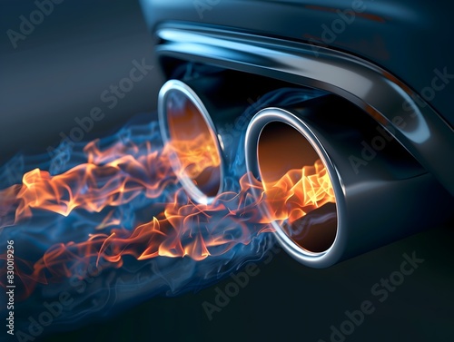 Powerful Automotive Exhaust Emitting Fiery Flames and Billowing Smoke