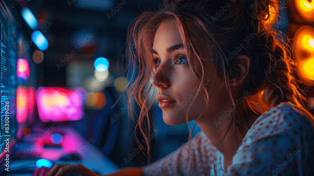 Female IT engineer working in a picturesque office overlooking a scenic cityscape Female IT engineer working in a picturesque office overlooking a scenic cityscape