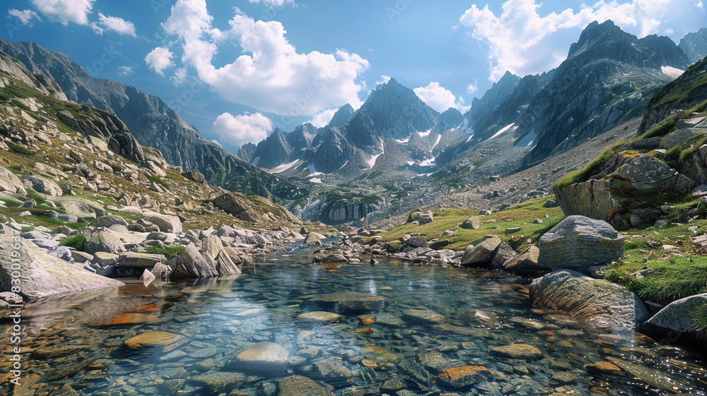a view of fold mountains with rocky peaks and a crystal-clear mountain stream