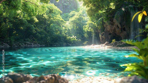 A photo of a hidden lagoon with crystal-clear water, a lush forest with vibrant flora and sunlight filtering through the tree