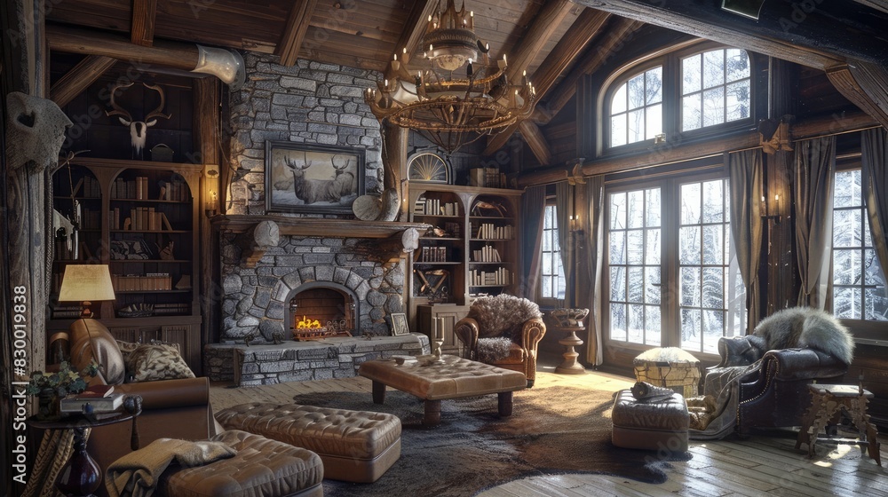 Rustic style hunting house with wooden furniture, furnishings, trophy on the wall. Interior. Generative AI Rustic style hunting house with wooden furniture, furnishings, trophy on the wall. Interior. Generative AI