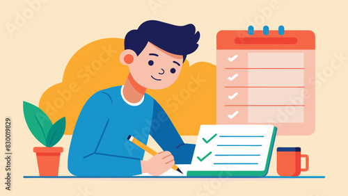 A students hesitant handwriting as they copy the daily schedule onto their personal planner.. Vector illustration