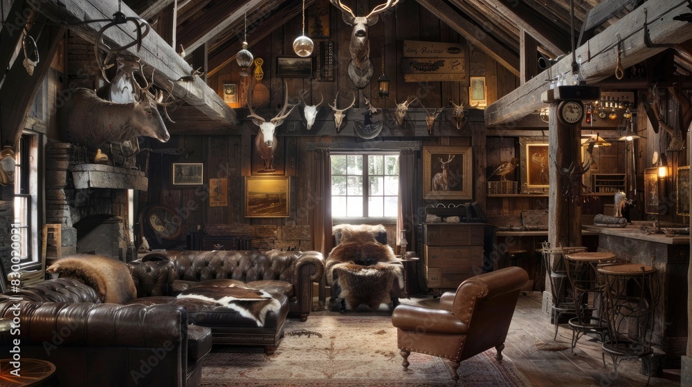 Rustic style hunting house with wooden furniture, furnishings, trophy on the wall. Interior. Generative AI Rustic style hunting house with wooden furniture, furnishings, trophy on the wall. Interior. Generative AI