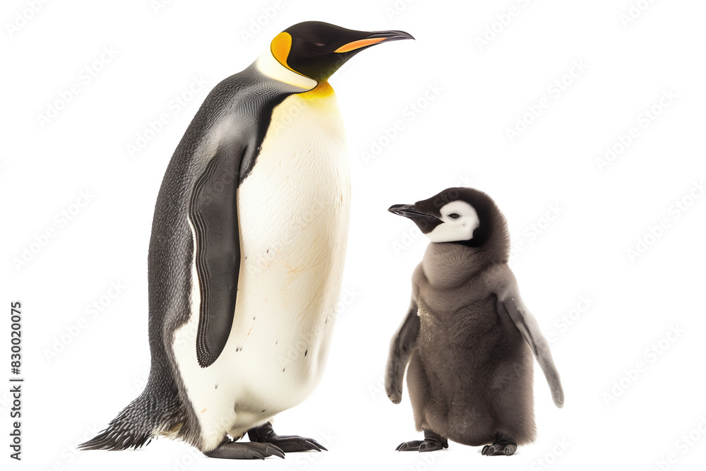 Fototapeta premium Emperor Penguin with Baby Penguin on White Background