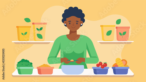 An individual using meal prep containers to portion out nutritious meals staying on track with their dietary goals.. Vector illustration