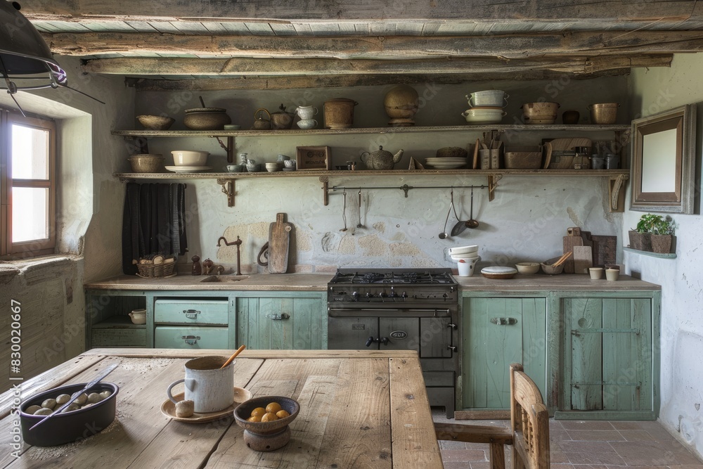 Rustic style kitchen with wooden furniture, shelves and cupboards, but with modern kitchen appliances and tools. Interior. Generative AI Rustic style kitchen with wooden furniture, shelves and cupboards, but with modern kitchen appliances and tools. Interior. Generative AI
