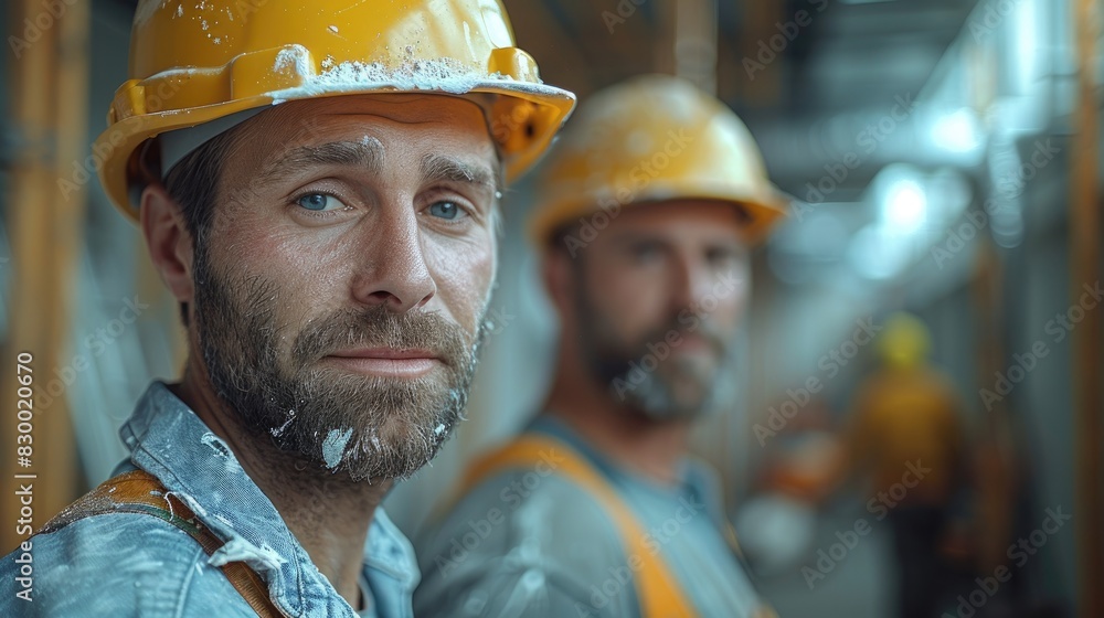 Construction workers in hard hats in an industrial setting, showing dedication and teamwork. Construction workers in hard hats in an industrial setting, showing dedication and teamwork.