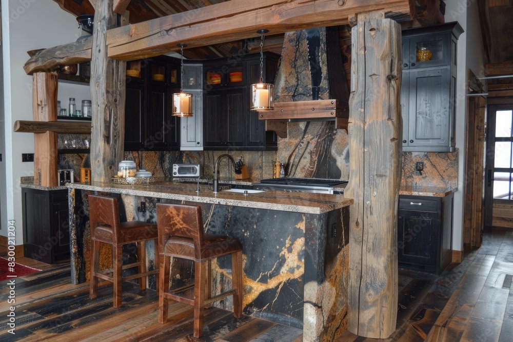 Fototapeta premium Rustic style kitchen with wooden furniture, shelves and cupboards, but with modern kitchen appliances and tools. Interior. Generative AI