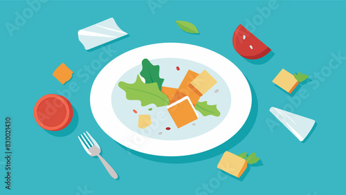 An empty plate surrounded by discarded wrappers and halfeaten salads a testament to a persons failed attempts at quickfix diets.. Vector illustration