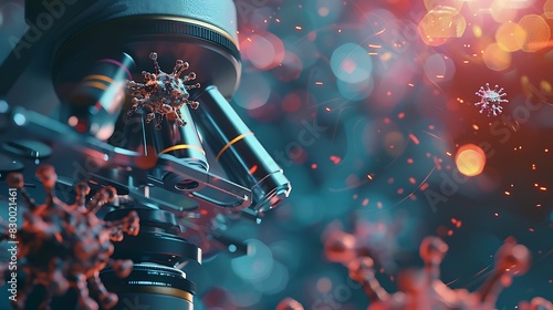 Microscope view blended with virus illustration. Symbolizes the scientific exploration and understanding of viral pathogens. Double exposure concept. photo