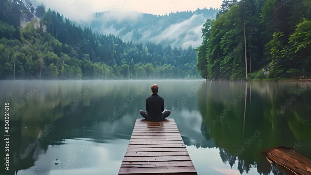 A person sitting calmly on a wooden dock positioned in the heart of a vast lake surrounded by water. A person sitting calmly on a wooden dock positioned in the heart of a vast lake surrounded by water.