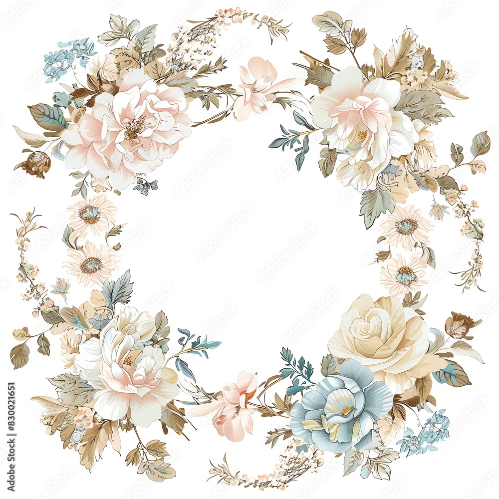 An elegant floral pattern featuring cream, pink, and blue flowers with green leaves on a white background. Perfect for use as a scarf, tablecloth, or wall hanging. An elegant floral pattern featuring cream, pink, and blue flowers with green leaves on a white background. Perfect for use as a scarf, tablecloth, or wall hanging.