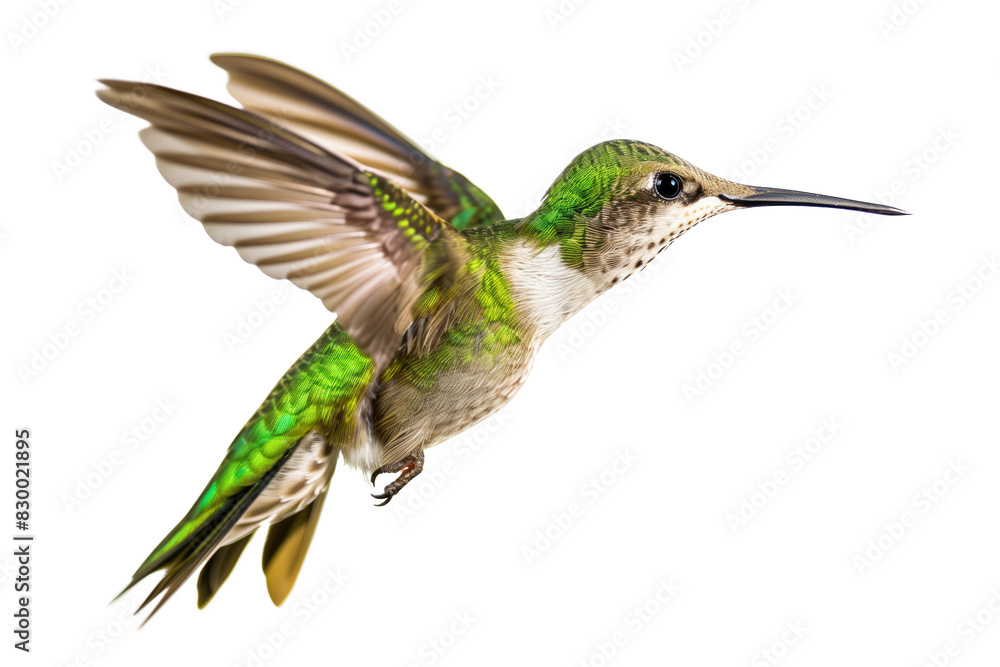 Fototapeta premium Close-Up of a Hummingbird Flying Against White Background