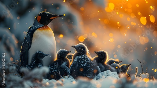 Penguin Familys Unified Glow in the Antarctic Snowstorm photo
