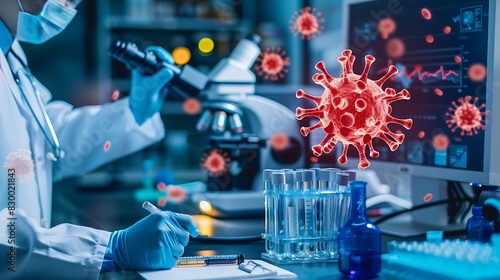 Close-up of doctor's hands merged with laboratory equipment. Depicts the direct involvement of healthcare workers in virus containment efforts. photo