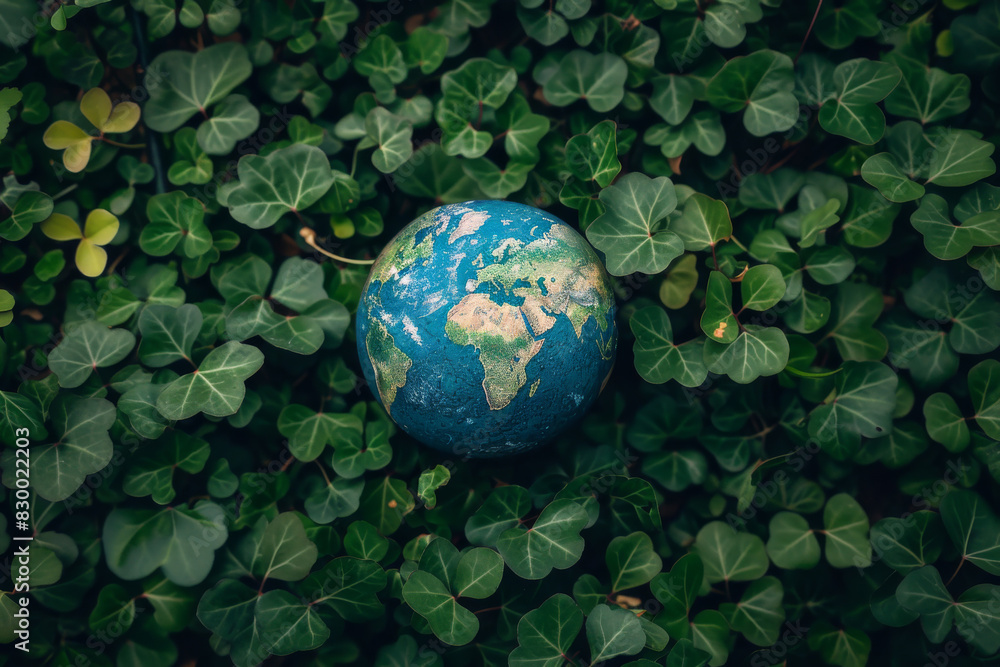 Earth Globe Amidst Lush Green Leaves Earth Globe Amidst Lush Green Leaves