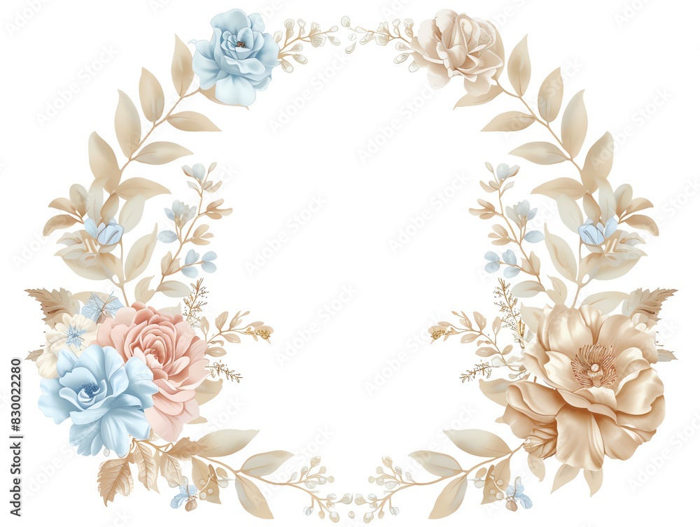 Obraz premium An elegant floral wreath with a variety of flowers in muted colors. Perfect for wedding invitations, cards, and other special occasions.