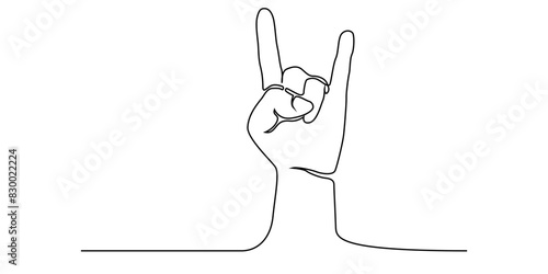 hand upward raised rock n roll sign gesture drawing one continuous line. free hand drawn outline line art minimalism style. editable stroke.