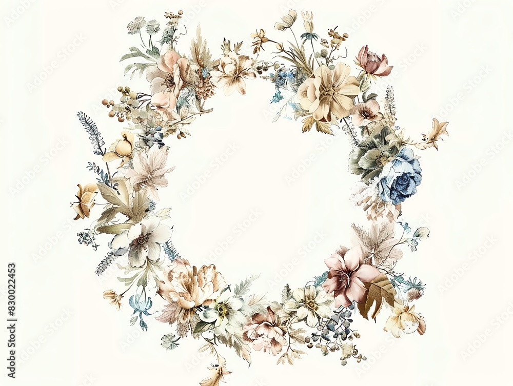 An illustration of a watercolor painting of a wreath of flowers. An illustration of a watercolor painting of a wreath of flowers.