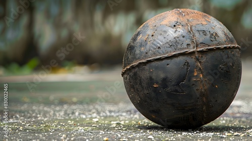 Weathered Medicine Ball for Functional Fitness Training and Core Exercises in Outdoor Setting photo