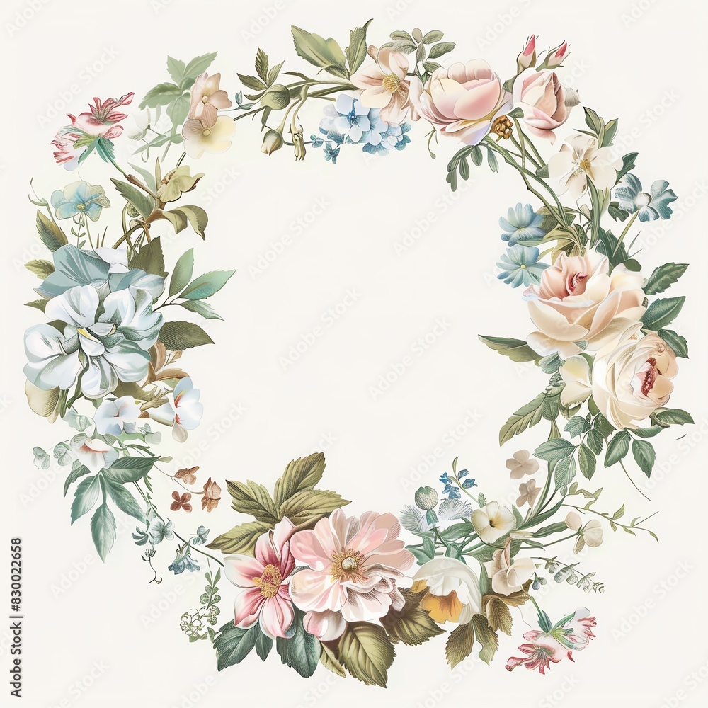 custom made wallpaper toronto digitalAn illustration of a detailed botanical wreath with various flowers and greenery painted in a realistic style.