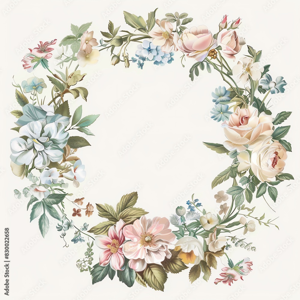 An illustration of a detailed botanical wreath with various flowers and greenery painted in a realistic style.