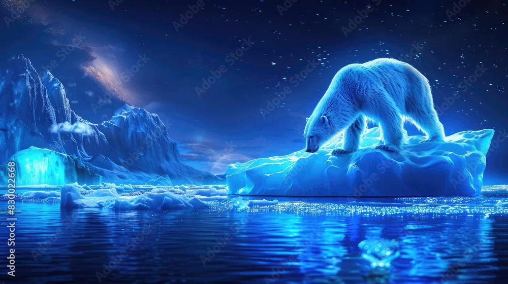 Majestic polar bear on a glowing ice floe under a starry night sky in ...