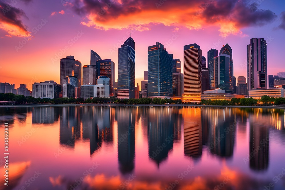 Modern City Skyline at Dusk with Vibrant Reflections Modern City Skyline at Dusk with Vibrant Reflections