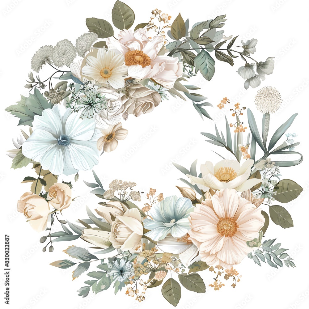 custom made wallpaper toronto digitalAn illustration of a wreath of flowers. The flowers are in various shades of cream, pink, and blue. The leaves are in various shades of green. The wreath is on a white background.