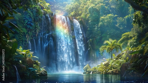A photo of a hidden waterfall with rainbow-colored mist, a jungle with giant leaves and exotic birds