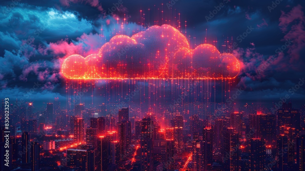 Futuristic digital cityscape with a glowing red cloud, representing data storage and technology advancements over a modern metropolis. Futuristic digital cityscape with a glowing red cloud, representing data storage and technology advancements over a modern metropolis.