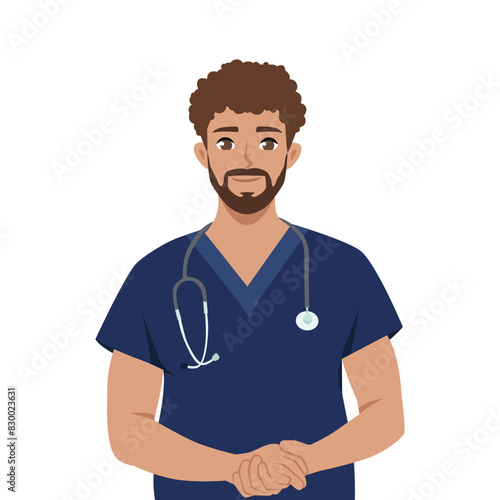 Young man nurse wearing scrubs. International nurses day. Flat vector illustration isolated on white background