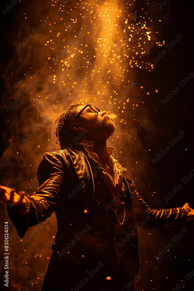 Amidst the nocturnal thrill, a daring performer commands flames, igniting the night with fiery spectacle