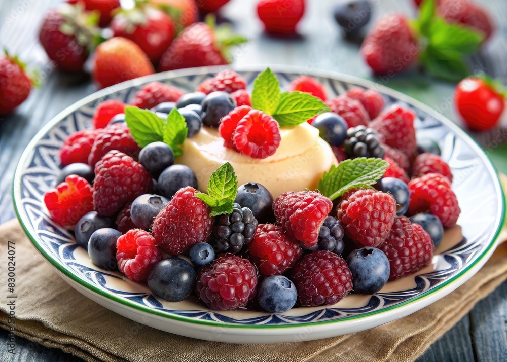 A plate of creamy dessert topped with fresh mixed berries and mint leaves. A plate of creamy dessert topped with fresh mixed berries and mint leaves.