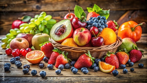 A basket of assorted fresh fruits including strawberries, grapes, and oranges on a wooden table. photo
