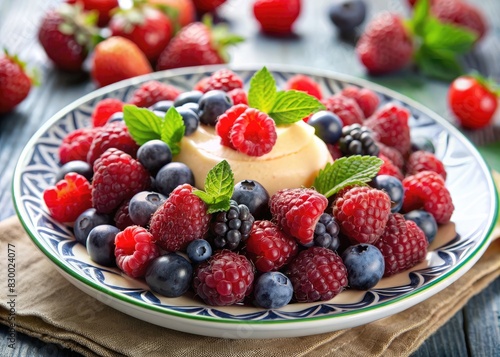 A plate of creamy dessert topped with fresh mixed berries and mint leaves.
