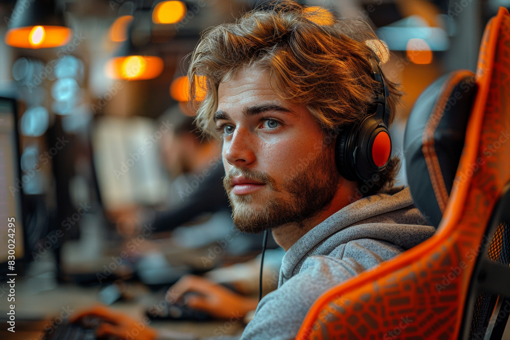 In a modern office, a confident young man works on his computer, wearing a headset for listening In a modern office, a confident young man works on his computer, wearing a headset for listening