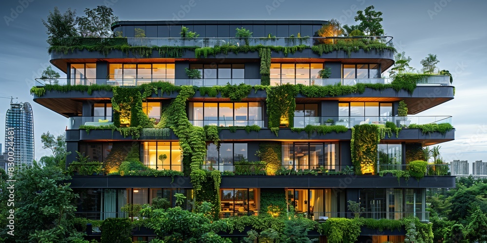 Fototapeta premium A modern residential building features eco-friendly design with lush greenery, blending urban living with nature