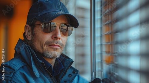 Man wearing sunglasses and black cap looking through blinds indoors, with thoughtful expression. Urban setting, close-up portrait.