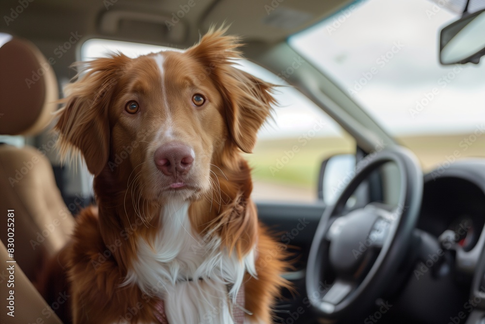 Dog travel by car. Nova Scotia Duck Tolling Retriever enjoying road trip.